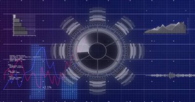 Merkezi HUD taraması bilim kurgu gösterge panelinde yapılıyor, halkalar, hat çizelgeleri, kod ve + 2.1% gösteriliyor. Fütürist, arayüz, dairesel, ızgara, dijital, analitik, mavi