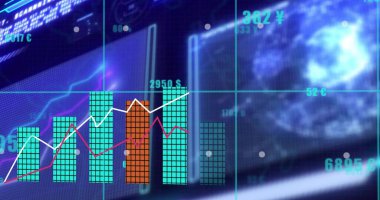 Tablet ekranında beyaz-pembe çizgileri, turuncu çubuk ve para birimi etiketleriyle takip eden fayanslı çubuklar gösteriliyor. Gösterge paneli, görselleştirme, analitik, pazar, metrik, izleme, neon