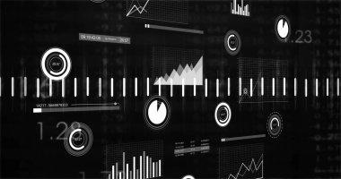 Merkezi kene ve dairesel göstergeleri gösteren, karanlık ekran merkezli veri göstergesi gösteriliyor. Görselleştirme, analiz, monokrom, görüntü, parçacıklar, arama, çubuk