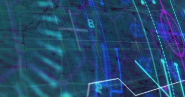 Merkezi veri darbeleri dijital arayüzde, ızgara düğümleri ve beyaz çizgi ile gösteriliyor. Neon, deniz mavisi, mor, holografik, fütüristik, kablo çerçevesi