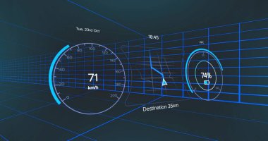 Görünürde dijital araç HUD 71 km veya h hız göstergesi,% 74 pil, Dest 35 km, 18: 45 Tue 23 Ekim Futuristik, gösterge paneli, kablo, tünel, kılavuz, navigasyon, artırılmış