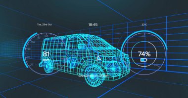 Sanal tünelde hareket eden kablo 3D minibüs modeli 81 km veya h ve% 74 batarya gösteriyor. Araç, geleceksel, hud, cyan, ızgara, simülasyon, sürüş