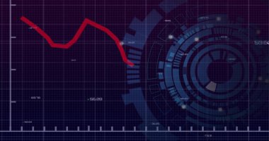 Gösterge panelinde merkezi kırmızı tırtıklı trend çizgisi ve konsantrik HUD gösteriliyor, vites motifi. Ekran, görselleştirme, ızgara, radyal, dişli, neon, siber