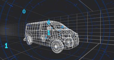 Sanal odada dönen kablo kargo minibüsü HUD halkaları ve çift haneli rakamları gösteriyor. 3d, simulasyon, ızgara, perspektif, cad, araç, cyan