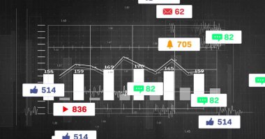 Koyu ekranda veri tablosu gösteriliyor. Yedi beyaz çubuk, çizgi, iz, uyarı rozeti. Kontrol paneli, analitik, görselleştirme, metrik, arayüz, dalga formu, tek renk