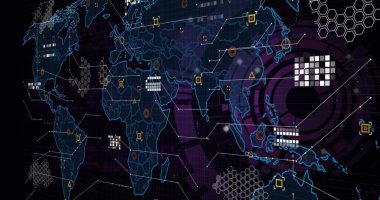 Gösterge panelinde neon hatlarını, ızgarayı, altıgen ağını, bağlantıları ve düğümleri gösteren stilize bir harita gösteriliyor. Küre, veri, görselleştirme, panel, konsol, ağ, analiz