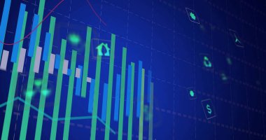 Ekranda yükselen yeşil-mavi çubuklar, mumlar, kırmızı çizgiler, kesik çizgiler, yüzen simgeler görülüyor. Mum, grafik, torpido, analitik, fintech, ekran, neon