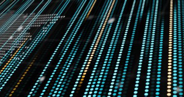 Açılı siyah LED paneli karanlıkta çapraz parlıyor, turkuaz ve sarı noktalar gösteriyor. Matris, ızgara, ışıklar, cyan, desen, bokeh, yansımalar