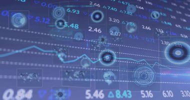 Eğimli düzlemde veri gösteriliyor, trend mavi çizgi, sayısal değerler, radar motifleri gösteriliyor. Finans, analitik, holografik, fütüristik, neon, görselleştirme, arayüz