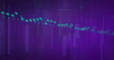 Mor tuval boyunca akan deniz mavisi parçacığı izleri, kablolar, ızgaralar, parlayan noktalar gösteriyor. Neon, holografik, soyut, geleceksel, gradyan, hareket, arayüz