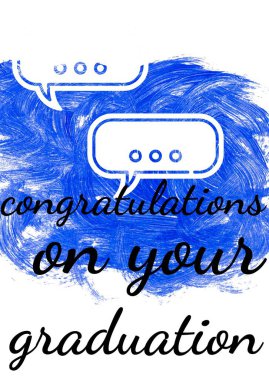 Tebrik mesajı ve konuşma balonu şapkası ikonu beyaz arka planda mavi boya fırçası darbesi üzerine. mezuniyet töreni ve davetiye şablonu tasarım kavramı