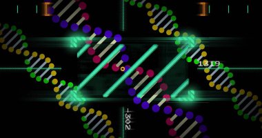 Parlayan merkezi stilize DNA benzeri merdiven, mavi çubuklar, gri basamaklar ve HUD renkli düğümler gösteriyor. Neon, geleceksel, sarmal, görselleştirme, arayüz, soyut, siber