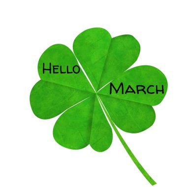 Beyaz arkaplan karşısında bir yonca simgesi üzerinde Hello March metin afişi dijital olarak oluşturuldu. Bahar mevsimi konsepti