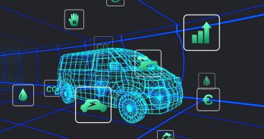 Dijital şebeke içinde dönen neon-cyan kablo minibüs modeli, CO2 su avrosu simgelerini gösteriyor. Araç, tünel, holografik, parlaklık, görselleştirme, emisyonlar, gösterge paneli