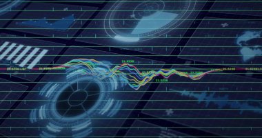 Sanal gösterge panelinde dairesel HUD ile çok renkli dalga çizgi grafiği gösteriliyor, okumaları gösteriyor. Çizelge, arayüz, ızgara, parıltı, neon, holografik, halkalar