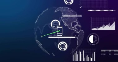 Sanal panelde noktalı 3 boyutlu dünya, akıllı telefon simgesi, yeşil bağlantı ve ilerleme çubuğu gösteriliyor. Dünya, gösterge paneli, analitik, telemetri, görselleştirme, arayüz, neon