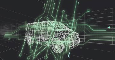 Dönen neon-yeşil kablo minibüsü sanal üç boyutlu uzayda geziniyor, devre izleri ve düğümler gösteriyor. Fütürist, ızgara, ağ, çokgen, düğüm, ışıltı, hud