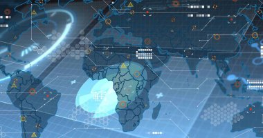 Afrika 'nın merkezini sanal UI' de gösteren dijital harita W veya C Afrika 'nın altıgen ve işaretlerini vurguluyor. Fütürist, coğrafi, arayüz, gösterge paneli, mavi, ızgara, hedefler