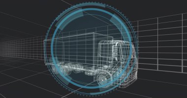Mavi HUD halkaları ve kaybolma noktası ızgarası olan bir kamyonet modeli oluşturuluyor. Özet, perspektif, görselleştirme, kaba, üç boyutlu, araç, deniz mavisi