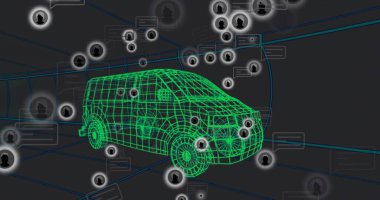 Yüzen yeşil kablo minibüs sanal 3 boyutlu ağ alanını işgal ediyor, Avatar düğümleri ve sohbet baloncuklarıyla. Neon, araç, ızgara, siber uzay, çokgen, profil, iletiler