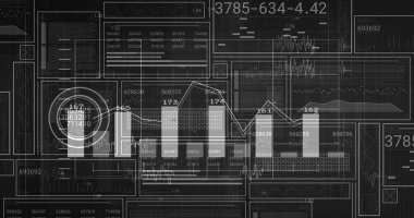Yüksek çözünürlüklü ve ölçekli çizgili soluk çubuk grafiklerini gösteren veri görselleme gösteriliyor. Gösterge paneli, metrikler, paneller, radar, gri tonlama, yarı saydam, histogram