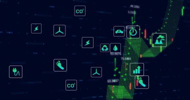Veri panelinde yükselen yeşil noktalı eğri, mumlar, sayılar, ekolojik simgeler görülüyor. Kontrol paneli, analitik, neon, deniz mavisi, fütüristik, soyut, sürdürülebilirlik