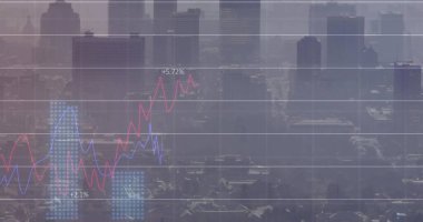 Ufuk çizgisinde şeffaf finansal grafikler gösteriliyor, kırmızı ve mavi trend çizgileri gösteriliyor. Kentsel, şehir manzarası, sisli, çifte maruz kalma, veriler, çizgiler, ölçümler