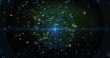 Sanal HUD 'da, sayısal kenelerle birlikte merkezi ışık düğümleri eşmerkezli halkalar gönderiyor. Neon, radar, ekran, fütüristik, veri, görselleştirme, parçacıklar