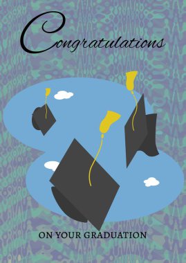 Tebrik mesajı ve yeşil arka plandaki dalgalı çizgilere karşı birden fazla mezuniyet şapkası simgesi. mezuniyet töreni ve davetiye şablonu tasarım kavramı