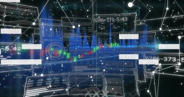 Sanal ticari gösterge panelinde mavi trend örtülü merkezi şamdan çizelgesi gösteriliyor. Fütüristik, holografik, görselleştirme, finans, pazar, analiz, ağ