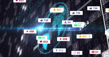 Rozetleri, sayaçları, diyagonal grafiği ve alevi olan, dijital gösterge panelinde dönen bir küre. Küre, yörünge, neon, cyan, deniz mavisi, arayüz, gerçek zamanlı