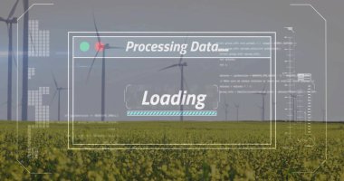 Veri işleme ve ilerleme çubuğunu sarı ekinler ve türbinler üzerine yükleme ile HUD örtüşmesi gösteriliyor. Gösterge paneli, rüzgâr tarlası, yakut tohumu, alan, bulutlu, ufuk, doymuş