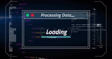Merkezi UI penceresi koyu gösterge panelinde yükleme ve ilerleme çubuğu ile gösteriliyor, kod sütunları. Arayüz, siber güvenlik, modal, okumalar, metre, neon, parlaklık