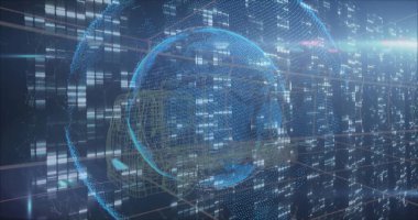 Holografik mavi küreyi döndürerek sanal veri duvarı içinde veri yansıtıyor, yörünge halkalarını da içeriyor. Küre, yörüngeler, fütüristik, siber, görselleştirme, matris, derinlik