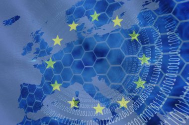 Siluetli Avrupa haritası düz dijital tasarım, altıgen ızgara, ikili kod ve AB yıldızlarıyla ortaya çıkıyor. Coğrafya, teknoloji, ağ, dijital, soyut, yenilik, iletişim