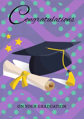 Yeşil noktalar ve mor arka plandaki dalgalı çizgilere karşı tebrik mesajı ve mezuniyet şapkası. mezuniyet töreni ve davetiye şablonu tasarım kavramı