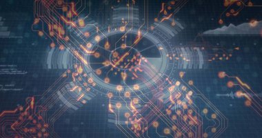 Merkezi dairesel merkez parlayan turuncu düğümlerle mavi ızgara boyunca neon izleri gönderiyor. Fütürist, görselleştirme, arayüz, devre, gösterge paneli, soyut, sibernetik