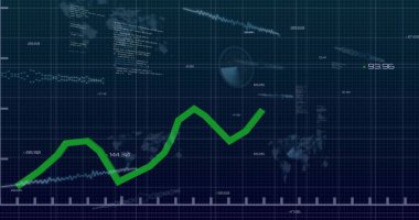 Koyu mavi analitik ekranda hareket eden yoğun yeşil trend çizgisi ızgarayı ve küreyi gösteriyor. Gösterge paneli, grafik, grafik, veri, yörünge, fütürist, mavi