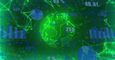 Sanal panelde, ızgara ve düğüm ağını gösteren, sayısal üstüste sahip holografik küre gösteriliyor. Küre, neon, yeşil, fütürist, torpido, analiz, arayüz