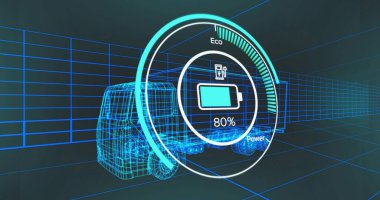 Dairesel HUD,% 80 şarj bataryası, eko güç göstergeleri ve şebekede kablo grafiği var. Fütürist, neon, cyan, kaplama, model, taksi, römork