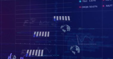 Donanma UI 'daki çizgili çubuk grafiklerini ve dünya simgelerini gösteren gösterge paneli gösteriliyor. Veri, analitik, görselleştirme, finans, küresel, ızgara, arayüz