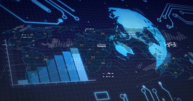 Küresel harita ve kontrol merkezinde şeffaf 3D küre gösteriliyor, bar tablosu, işaretleyiciler, uyarılar gösteriliyor. Fütürist, holografik, neon, ızgara, altıgen, devre, arayüz