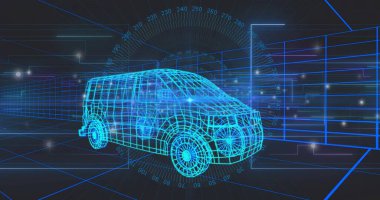 Sanal CAD ortamında dönen cyan mavisi kablo karavan modeli, HUD örtülerini gösteriyor. Ağ, araç, 3d, neon, siber, fütüristik, dijital