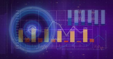 Ana gösterge panelinde eş merkezli halkalar, sarı çubuklar, beyaz ve mavi çizgiler gösteriliyor. Görselleştirme, fütüristik, arayüz, analitik, metrik, izleme, ızgara