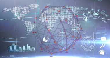 Yarı saydam 3D ağ küresi, harita ve çizelgelerle sanal gösterge paneline odaklanıyor. Holografik, dolambaçlı, arayüz, analitik, telemetri, radar, ağ