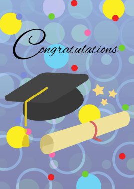 Tebrik metni ve mezuniyet şapkası ve mor arkaplandaki soyut şekillere karşı derece simgeleri. mezuniyet töreni ve davetiye şablonu tasarım kavramı