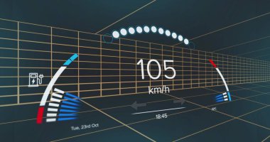 3D kablo şebekesi üzerinde yansıtılan dijital HUD gösterge paneli 105 km veya h hızını gösteriyor. Kokpit, arayüz, göstergeler, göstergeler, hız, geleceksel, neon