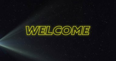 Parlak sarı çizgili 'Hoş geldin' kelimesi uzay temalı yıldız sahasına yansıtılıyor, sol ışın ile. Neon, parıltı, yansıtma, holografik, sinematik, kozmik, nebula