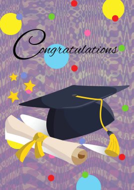 Tebrik metni ve mezuniyet şapkası ve mor arkaplandaki soyut şekillere karşı derece simgeleri. mezuniyet töreni ve davetiye şablonu tasarım kavramı