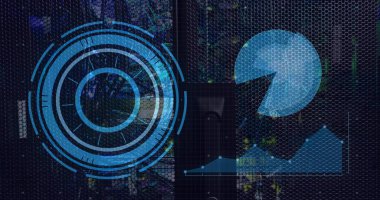 Radar, dış ızgarada altıgen örgü olduğunu gösteriyor. Aralıklı paneller ve çizelgeler, kopyalama alanı. Dairesel, ekran, arayüz, dijital, geleceksel, altıgen, ızgara